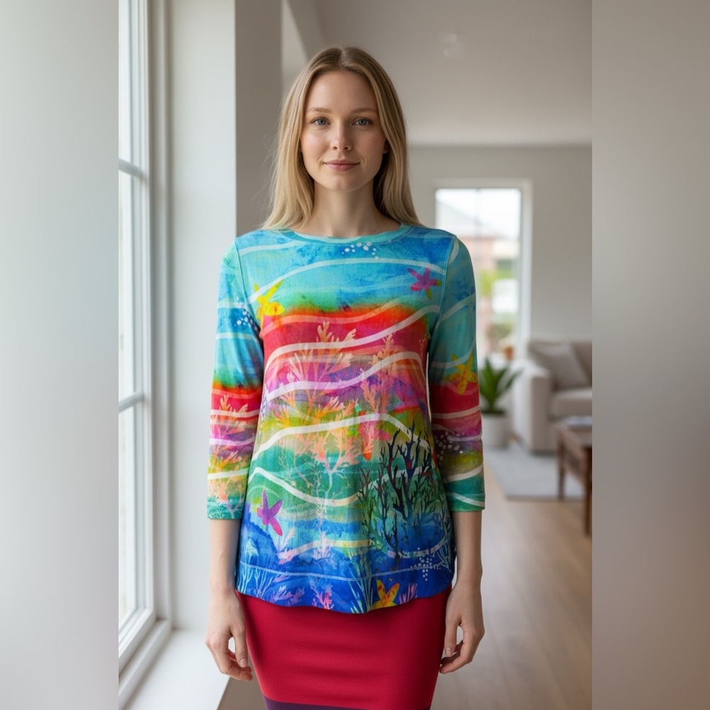 Ali Miles Sz PXS Aquatic Style Print Round Neck 3/4 Sleeve Tunic